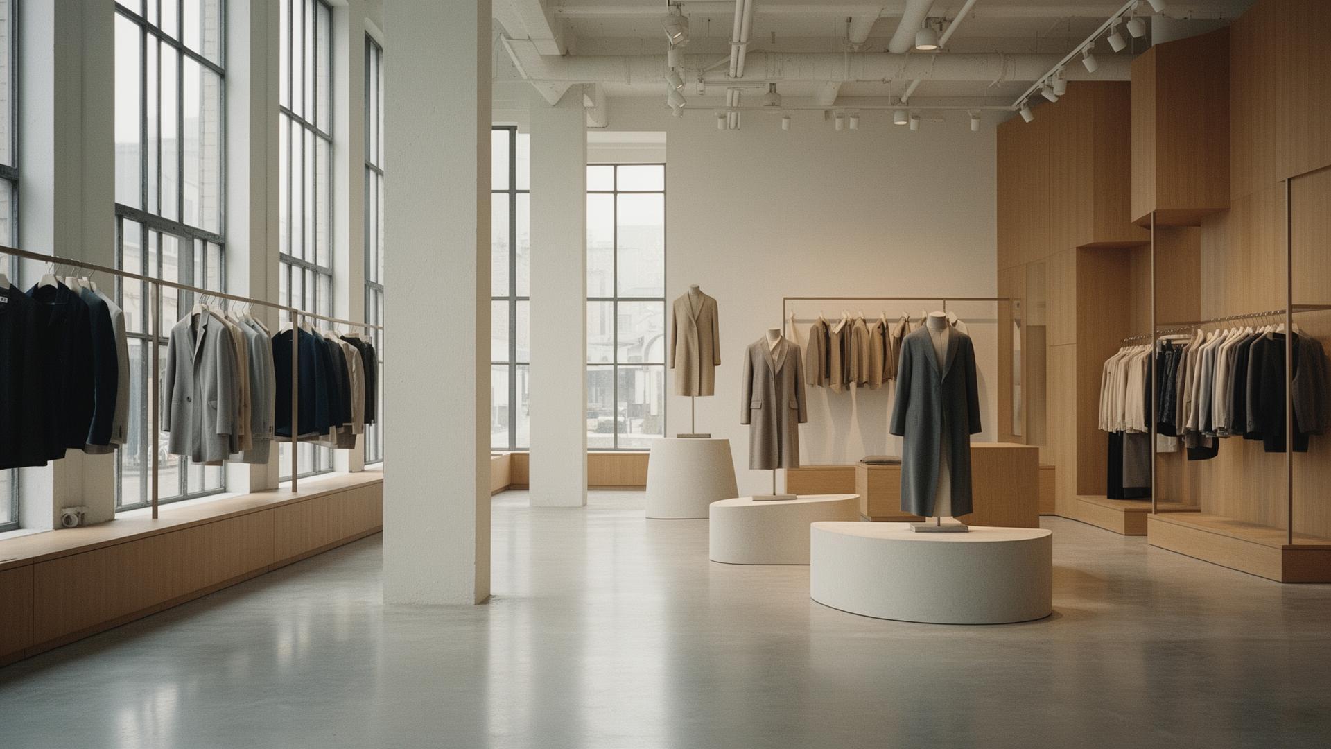 Readymade-built retail interior with soft daylight, oak millwork, and sculptural plinths